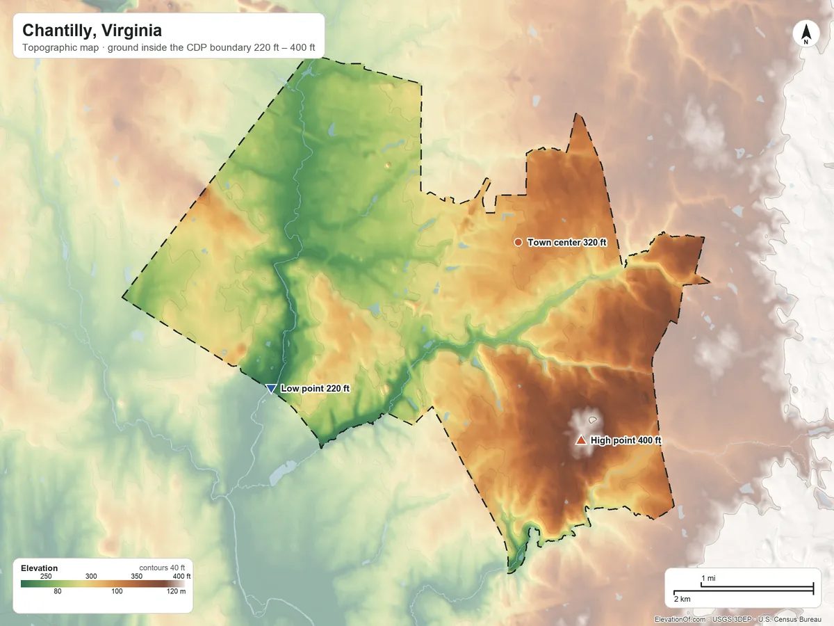 Topographic elevation map of Chantilly, Virginia, shaded from 220 ft on the southwest side to 400 ft on the south side