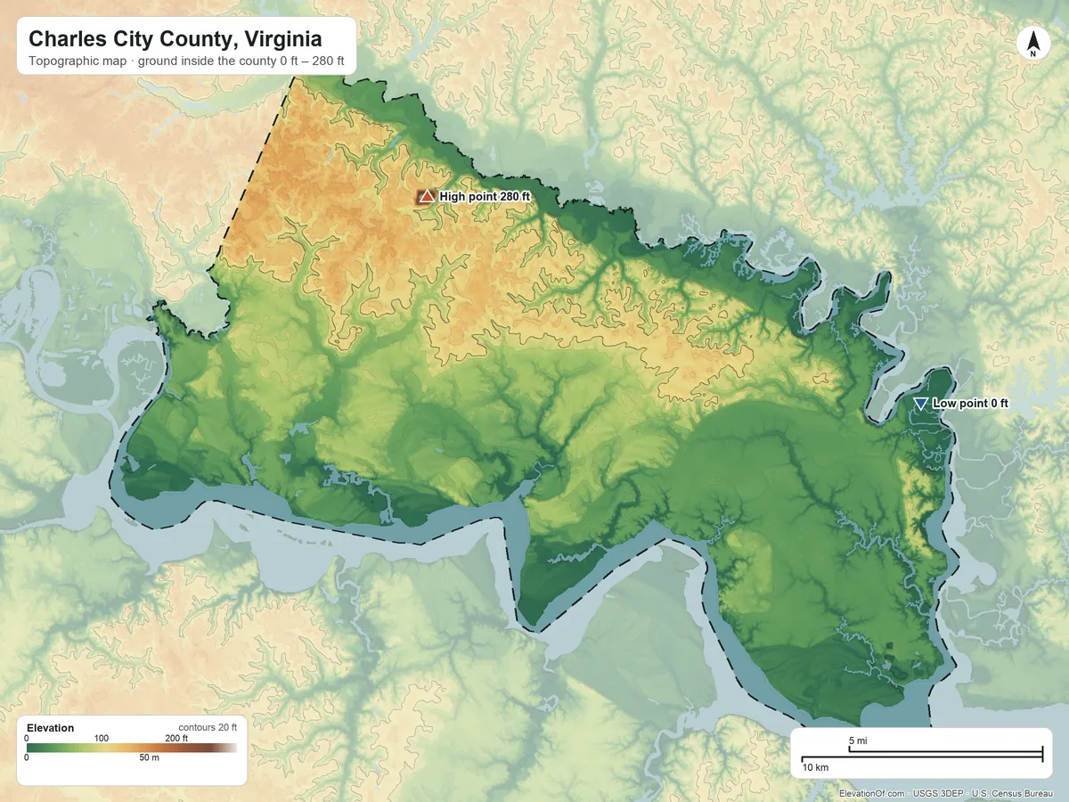 Topographic elevation map of Charles City County, Virginia, shaded from 0 ft on the east side to 280 ft on the northwest side