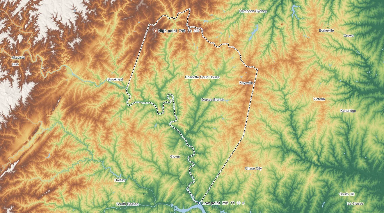 Topographic elevation map of Charlotte County, Virginia, shaded from 290 ft on the south side to 790 ft on the northwest side