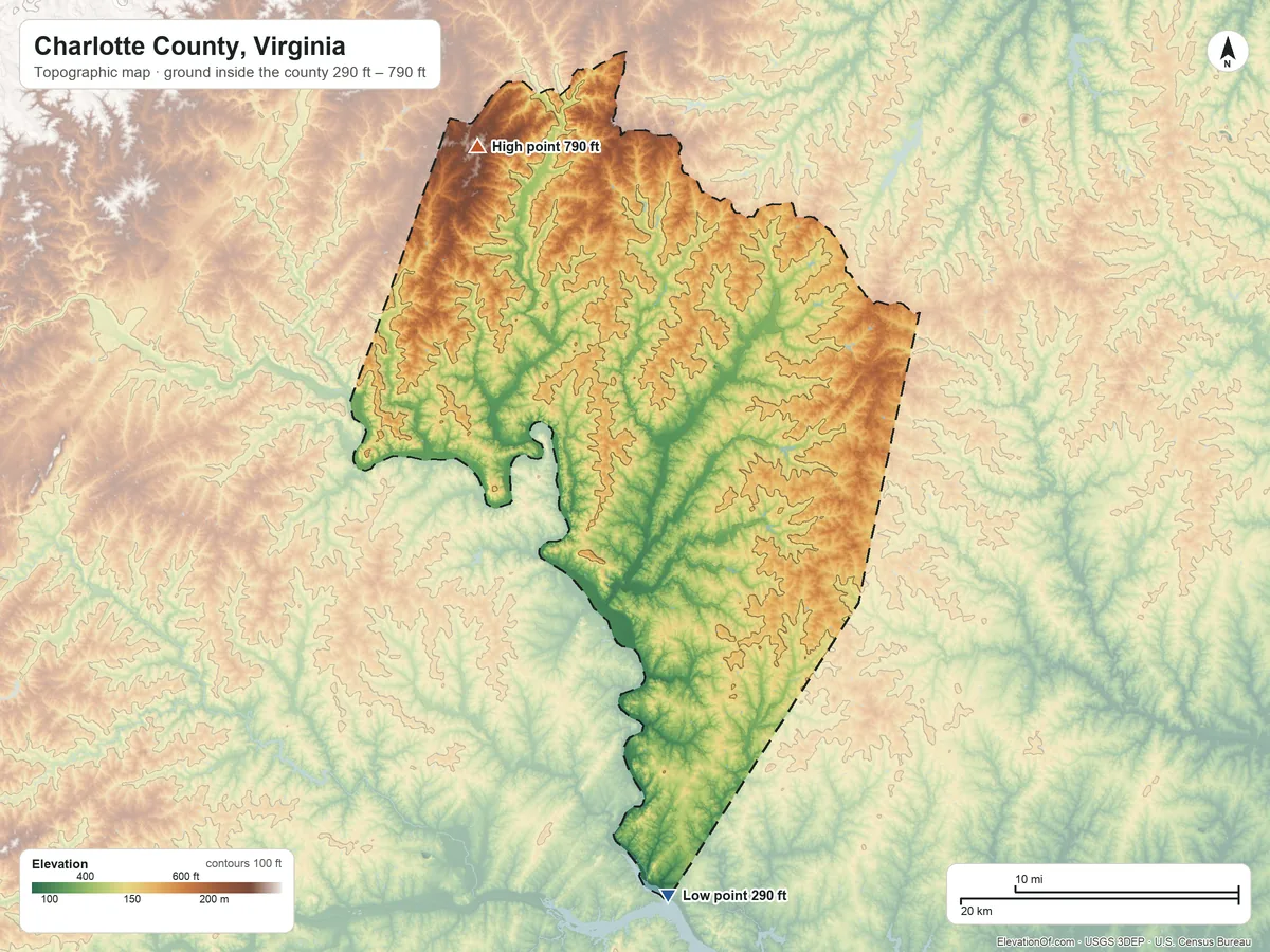 Topographic elevation map of Charlotte County, Virginia, shaded from 290 ft on the south side to 790 ft on the northwest side