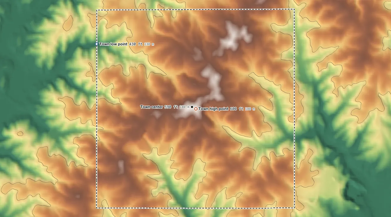 Topographic elevation map of Charlotte Court House, Virginia, shaded from 430 ft on the northwest side to 600 ft near the middle