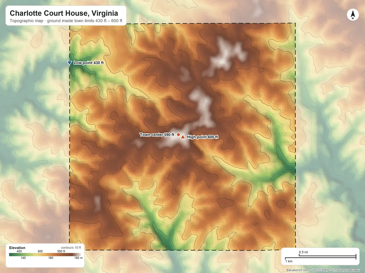 Topographic elevation map of Charlotte Court House, Virginia, shaded from 430 ft on the northwest side to 600 ft near the middle
