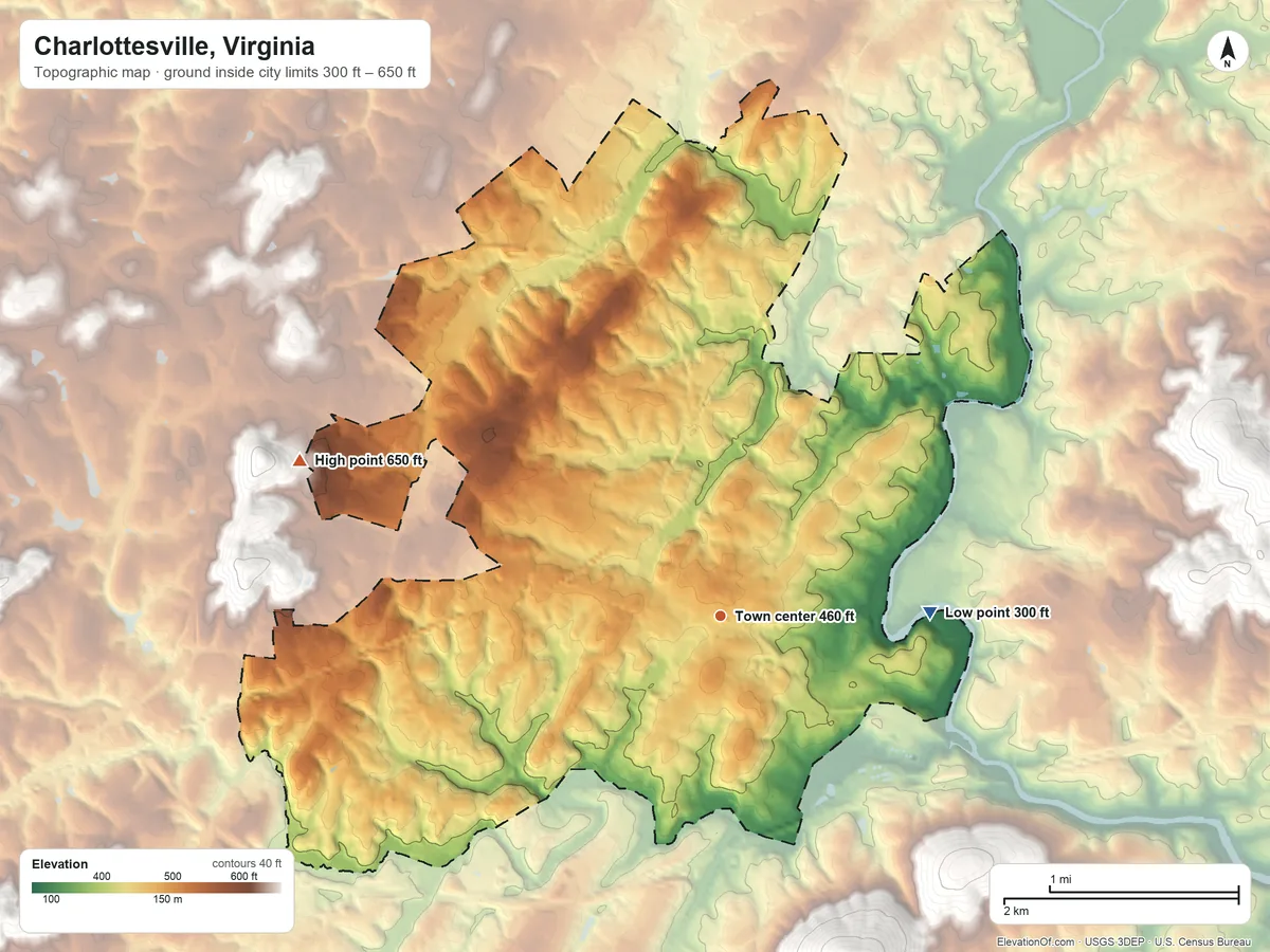 Topographic elevation map of Charlottesville, Virginia, shaded from 300 ft on the east side to 650 ft on the west side