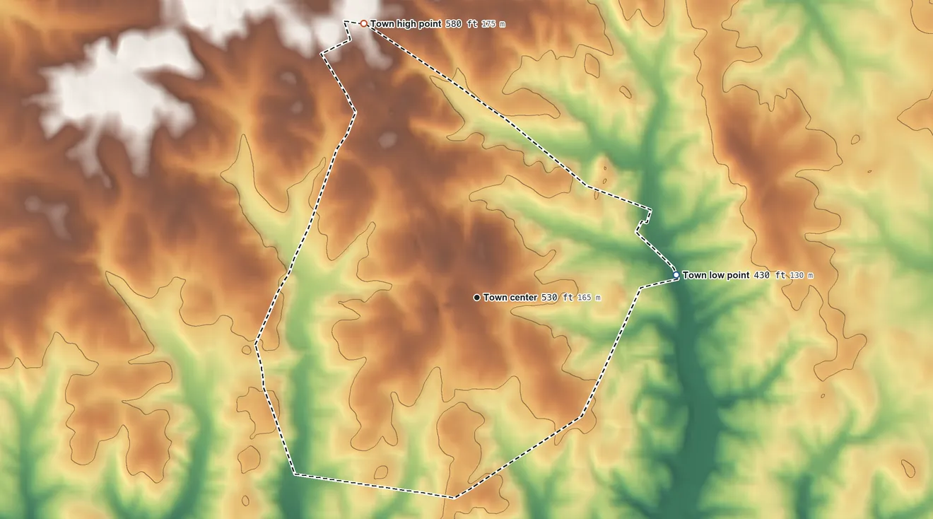 Topographic elevation map of Chase City, Virginia, shaded from 430 ft on the east side to 580 ft on the north side