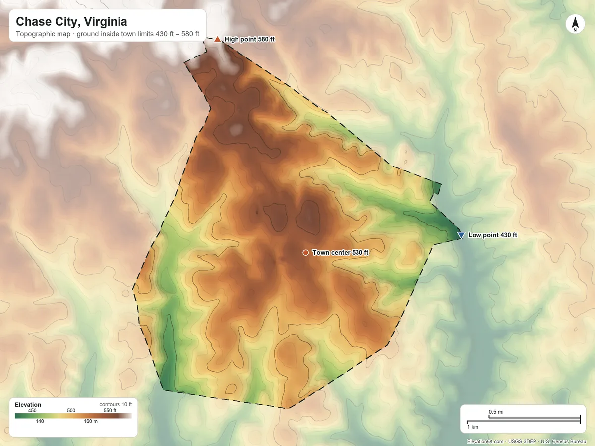 Topographic elevation map of Chase City, Virginia, shaded from 430 ft on the east side to 580 ft on the north side