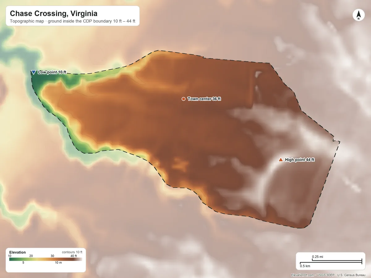 Topographic elevation map of Chase Crossing, Virginia, shaded from 10 ft on the west side to 44 ft on the southeast side