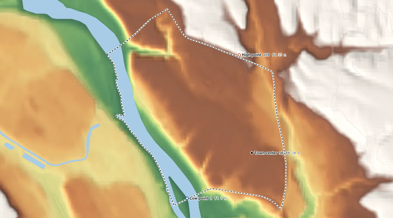 Topographic elevation map of Chatham Heights, Virginia, shaded from 1 ft on the southwest side to 120 ft on the north side