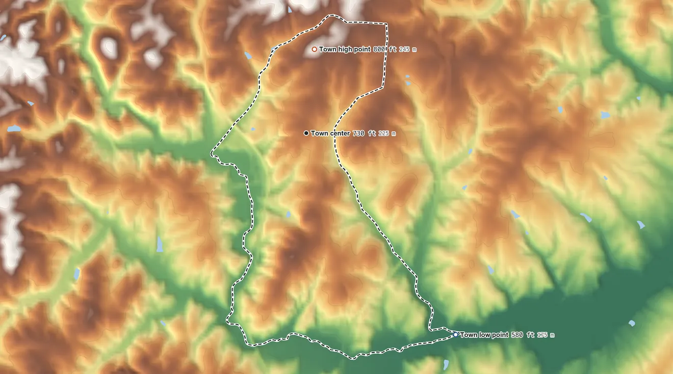 Topographic elevation map of Chatham, Virginia, shaded from 580 ft on the southeast side to 800 ft on the north side