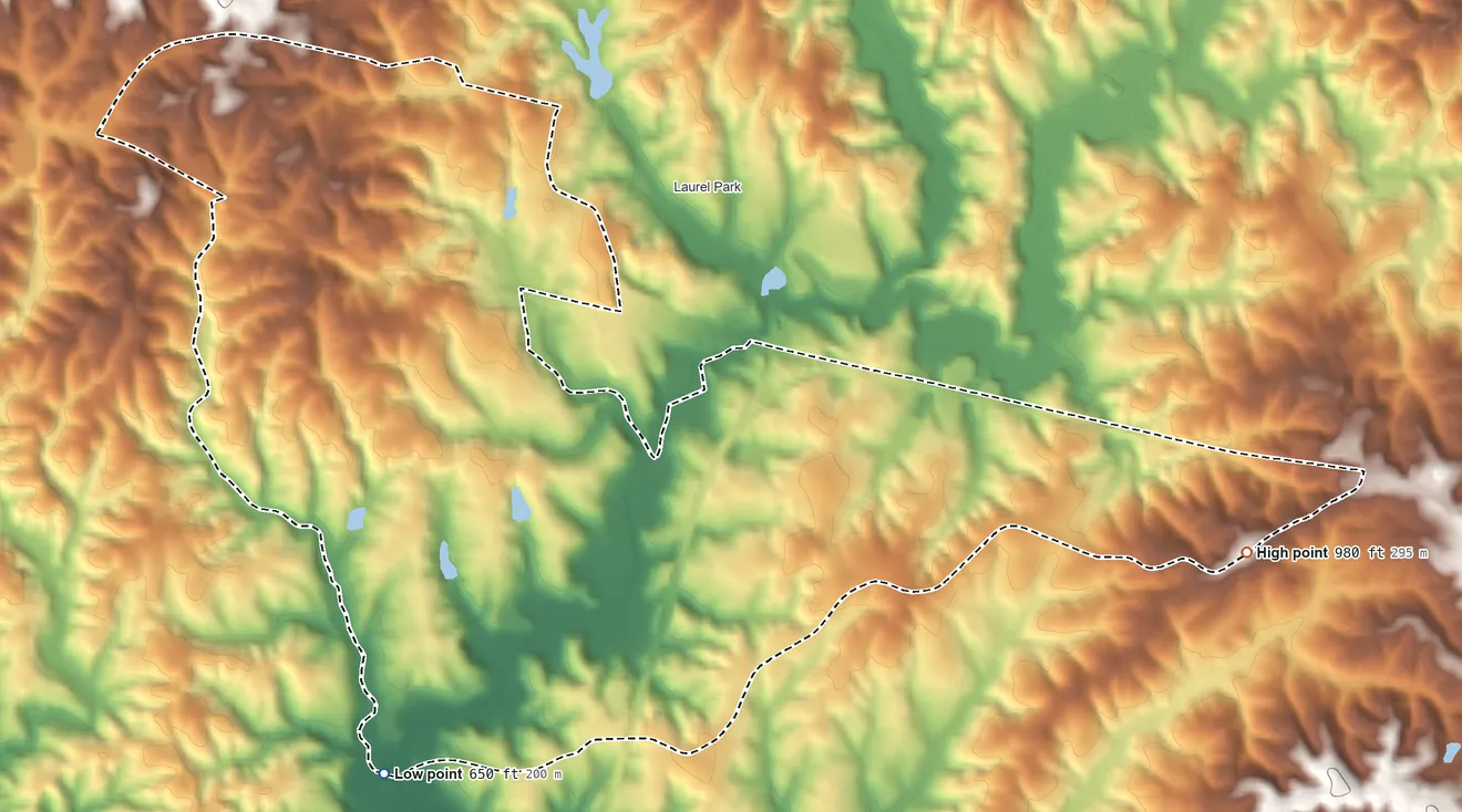 Topographic elevation map of Chatmoss, Virginia, shaded from 650 ft on the south side to 980 ft on the east side