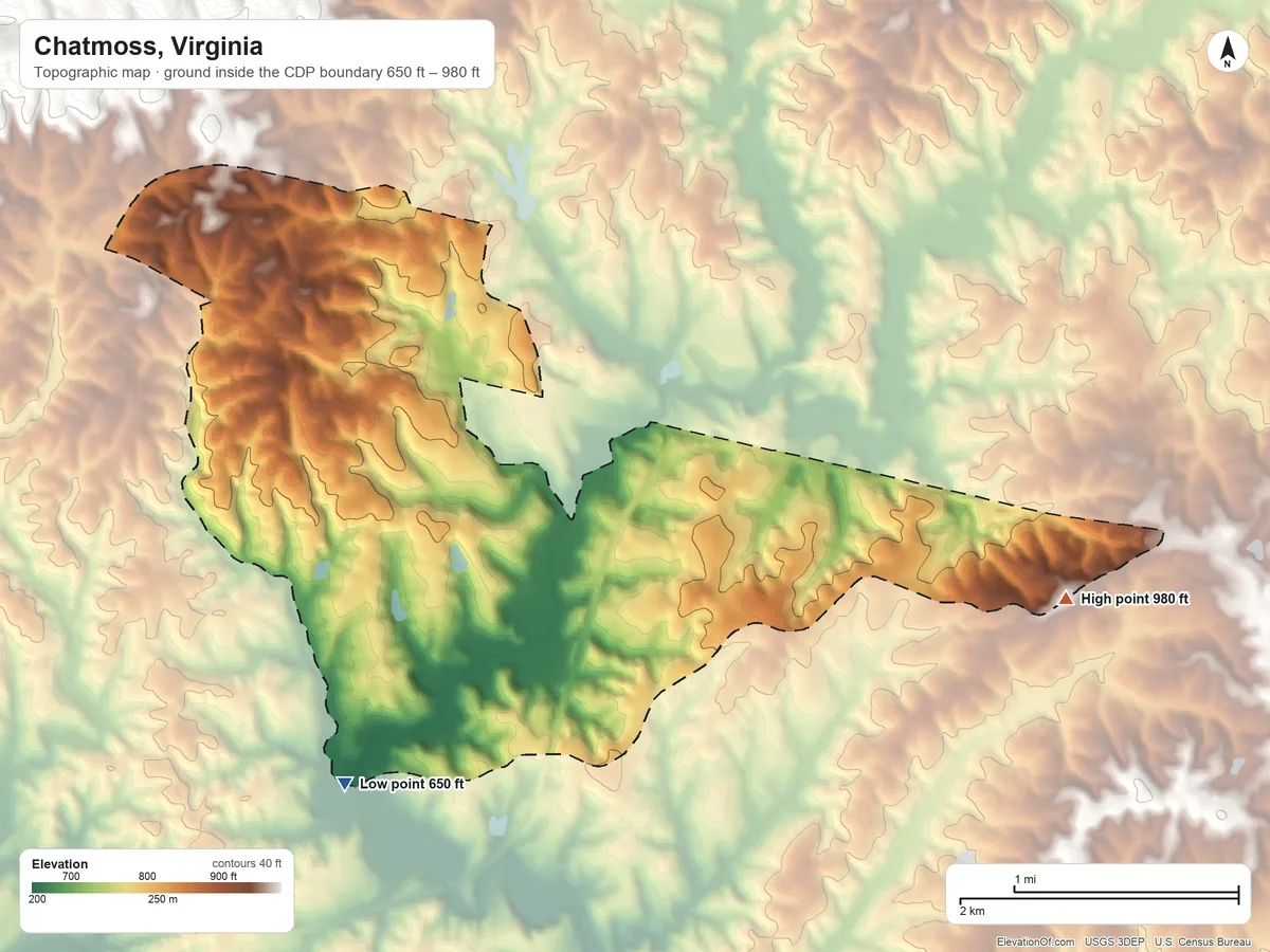 Topographic elevation map of Chatmoss, Virginia, shaded from 650 ft on the south side to 980 ft on the east side