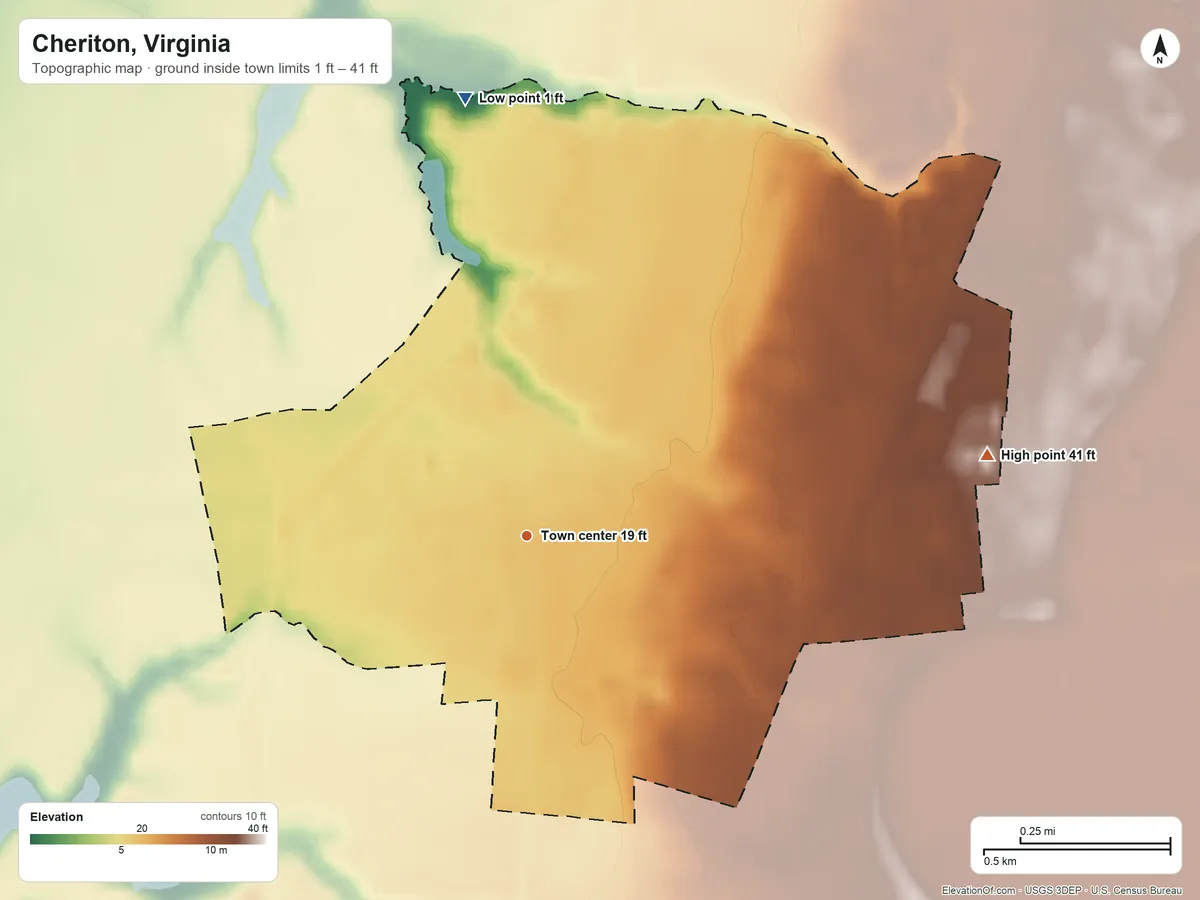 Topographic elevation map of Cheriton, Virginia, shaded from 1 ft on the north side to 41 ft on the east side