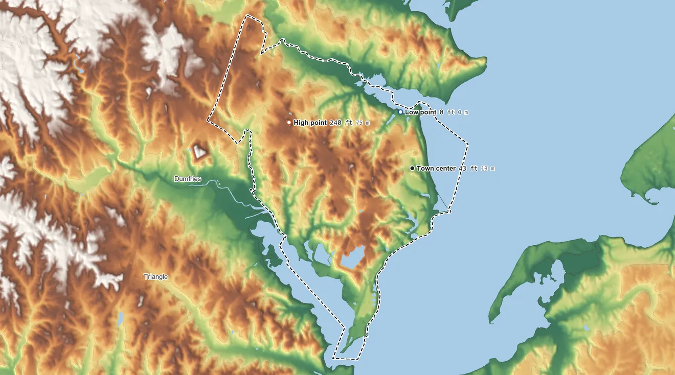 Topographic elevation map of Cherry Hill, Virginia, shaded from 0 ft on the north side to 240 ft on the west side