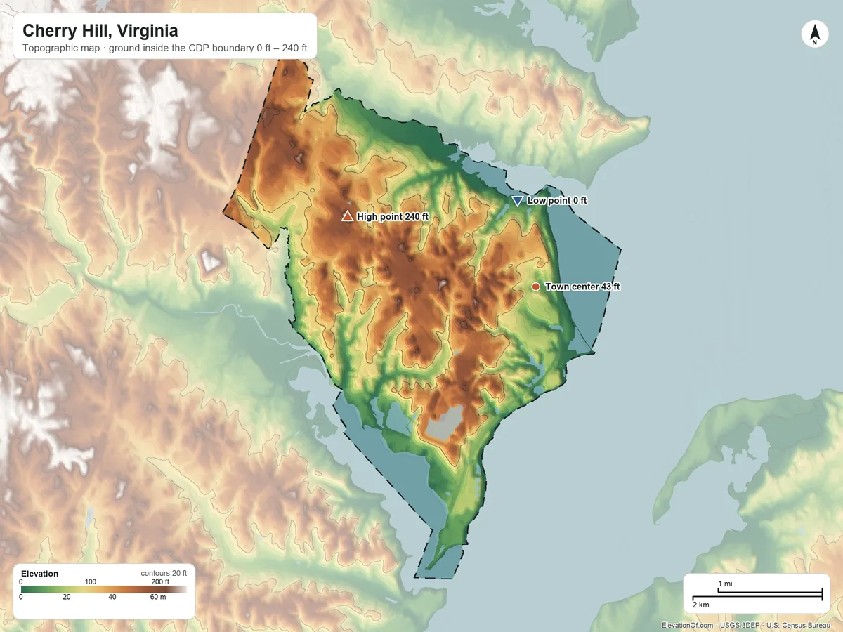 Topographic elevation map of Cherry Hill, Virginia, shaded from 0 ft on the north side to 240 ft on the west side