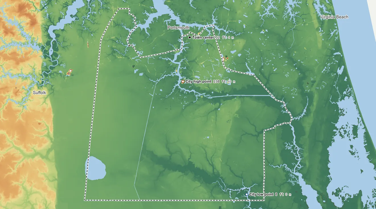 Topographic elevation map of Chesapeake, Virginia, shaded from 0 ft on the south side to 130 ft on the south side
