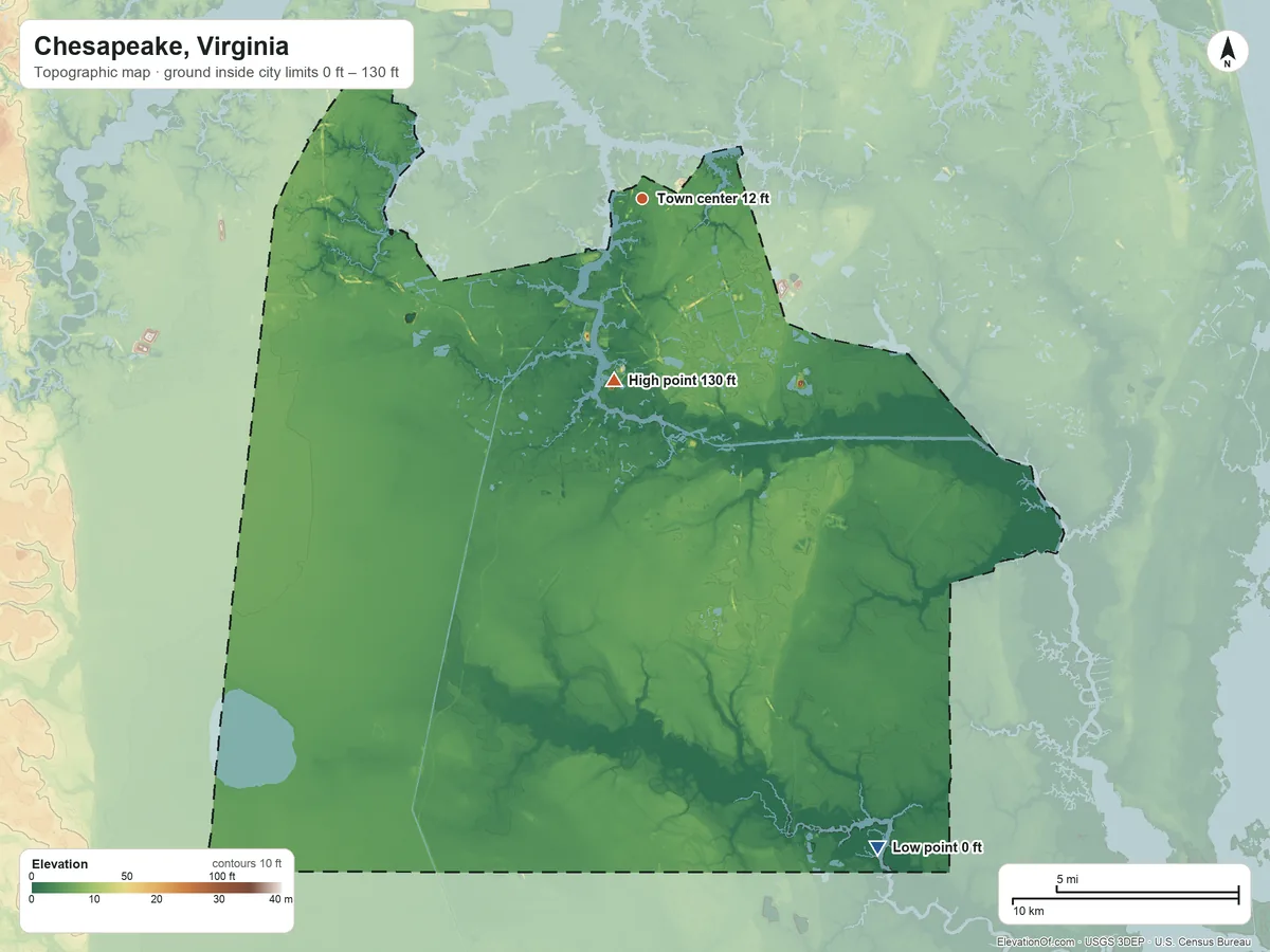 Topographic elevation map of Chesapeake, Virginia, shaded from 0 ft on the south side to 130 ft on the south side