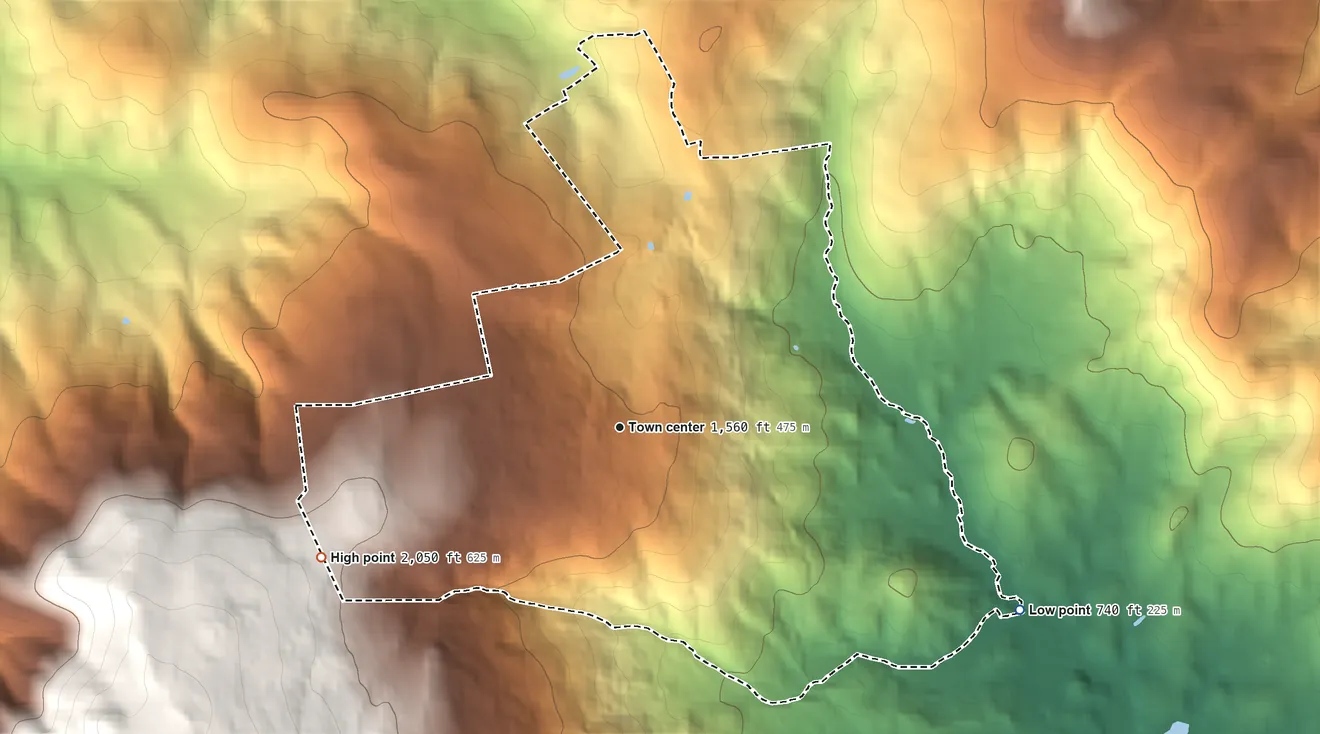 Topographic elevation map of Chester Gap, Virginia, shaded from 740 ft on the southeast side to 2,050 ft on the southwest edge, below higher ground just outside