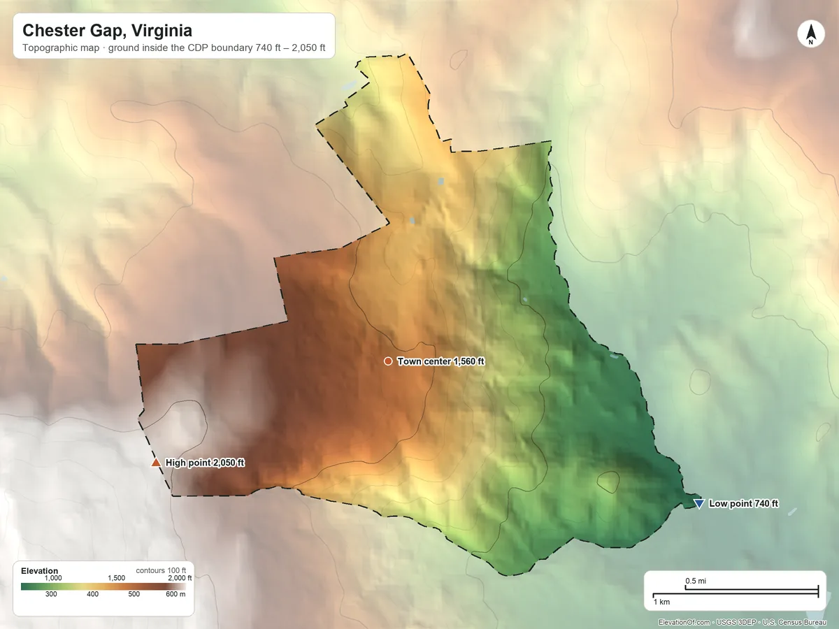 Topographic elevation map of Chester Gap, Virginia, shaded from 740 ft on the southeast side to 2,050 ft on the southwest edge, below higher ground just outside