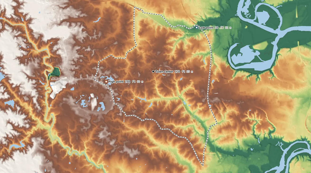 Topographic elevation map of Chester, Virginia, shaded from 38 ft on the northeast side to 200 ft on the west side