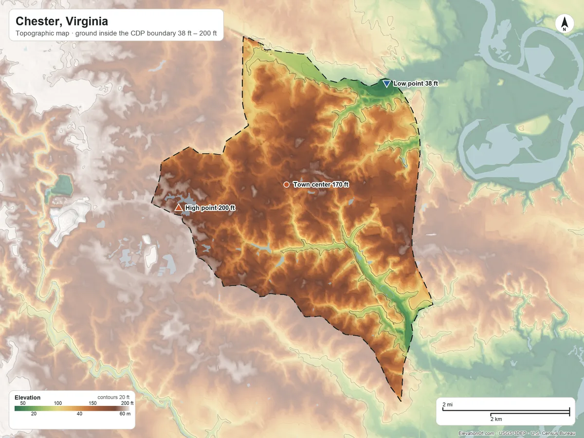 Topographic elevation map of Chester, Virginia, shaded from 38 ft on the northeast side to 200 ft on the west side