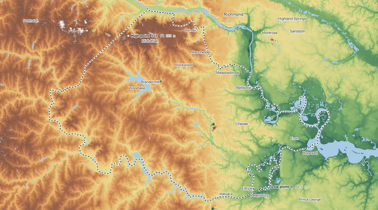 Topographic elevation map of Chesterfield County, Virginia, shaded from 0 ft on the southeast side to 440 ft on the northwest side