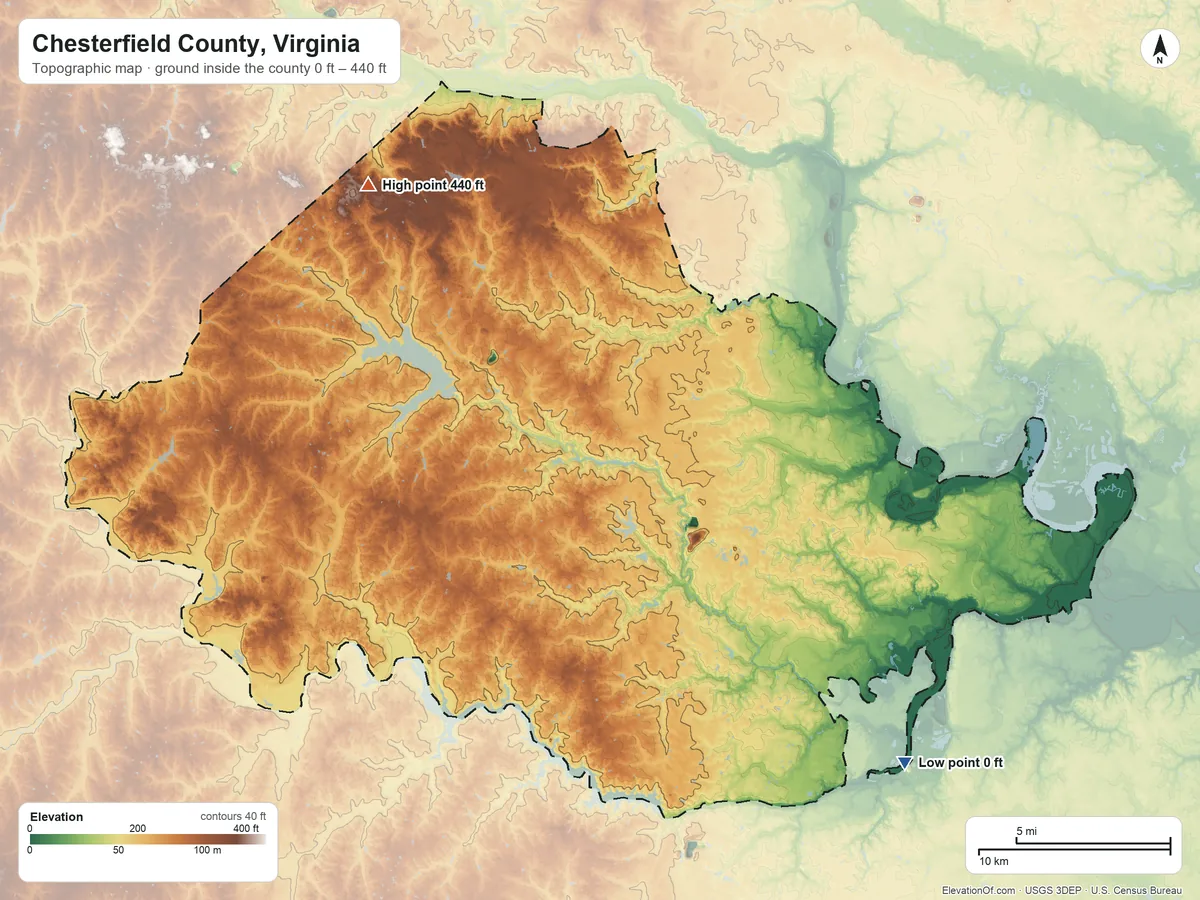 Topographic elevation map of Chesterfield County, Virginia, shaded from 0 ft on the southeast side to 440 ft on the northwest side