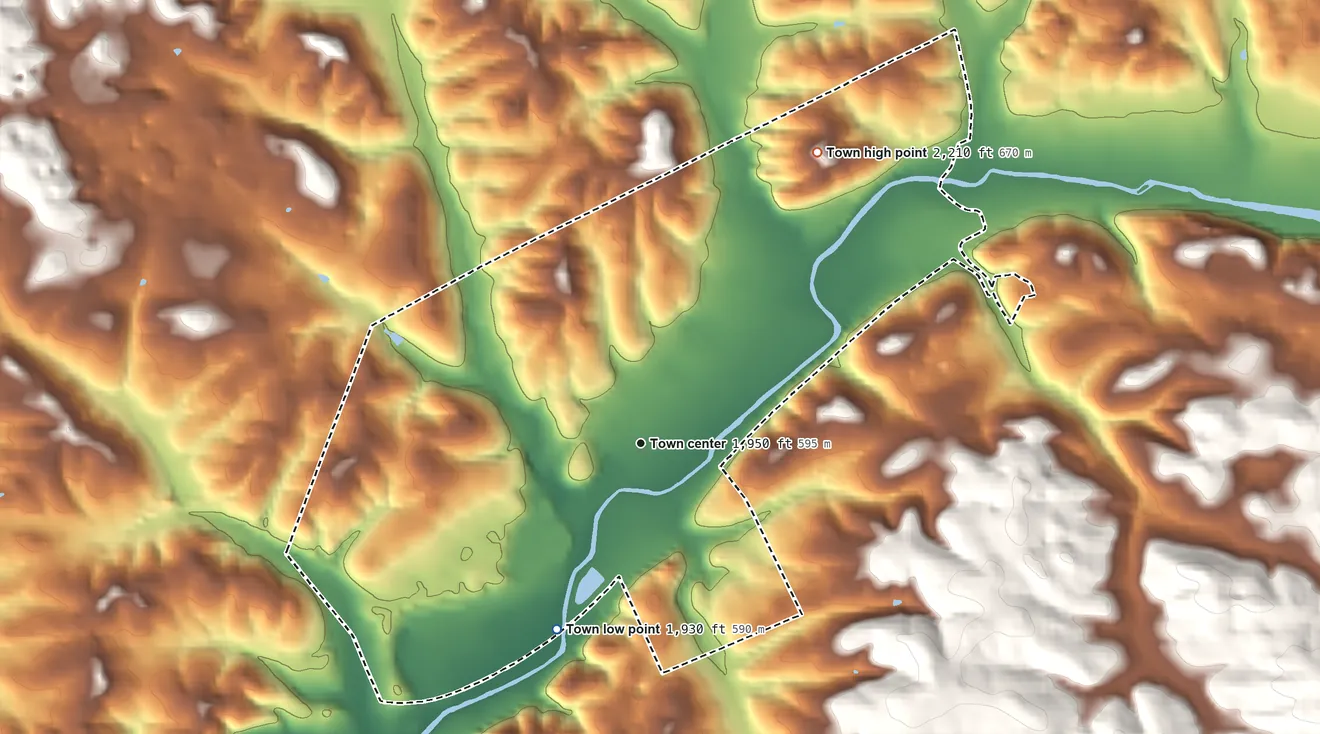 Topographic elevation map of Chilhowie, Virginia, shaded from 1,930 ft on the southwest side to 2,210 ft at the foot of the River Knobs