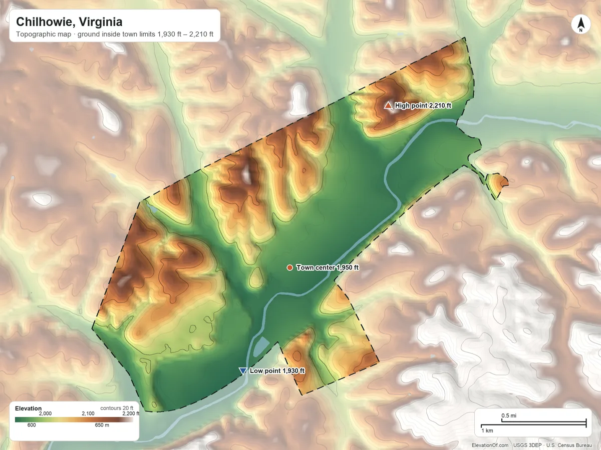 Topographic elevation map of Chilhowie, Virginia, shaded from 1,930 ft on the southwest side to 2,210 ft at the foot of the River Knobs