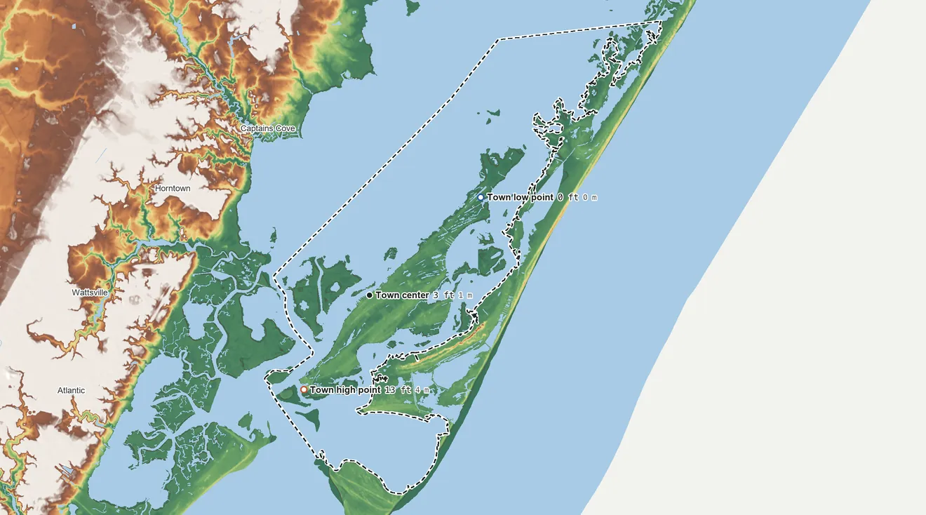 Topographic elevation map of Chincoteague, Virginia, shaded from 0 ft on the northeast side to 13 ft on the southwest side