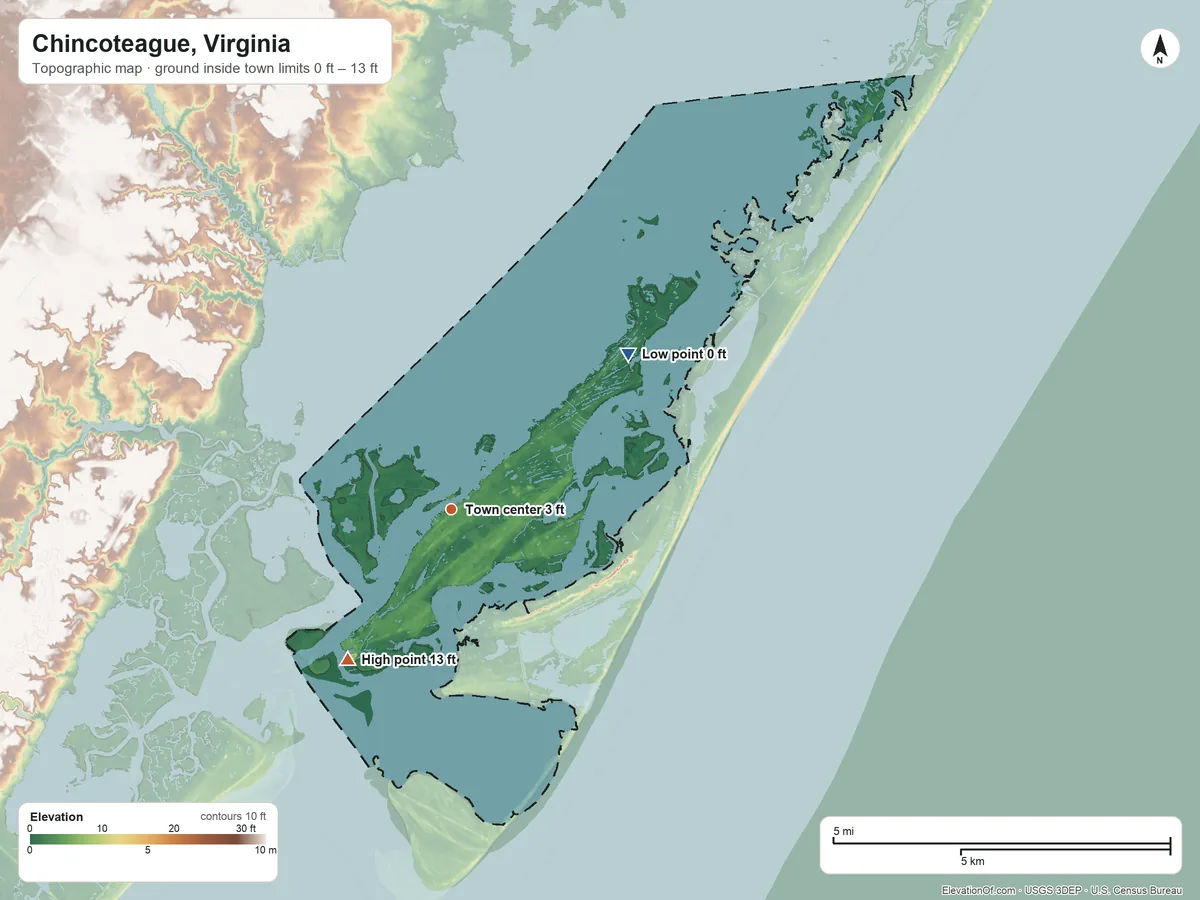 Topographic elevation map of Chincoteague, Virginia, shaded from 0 ft on the northeast side to 13 ft on the southwest side