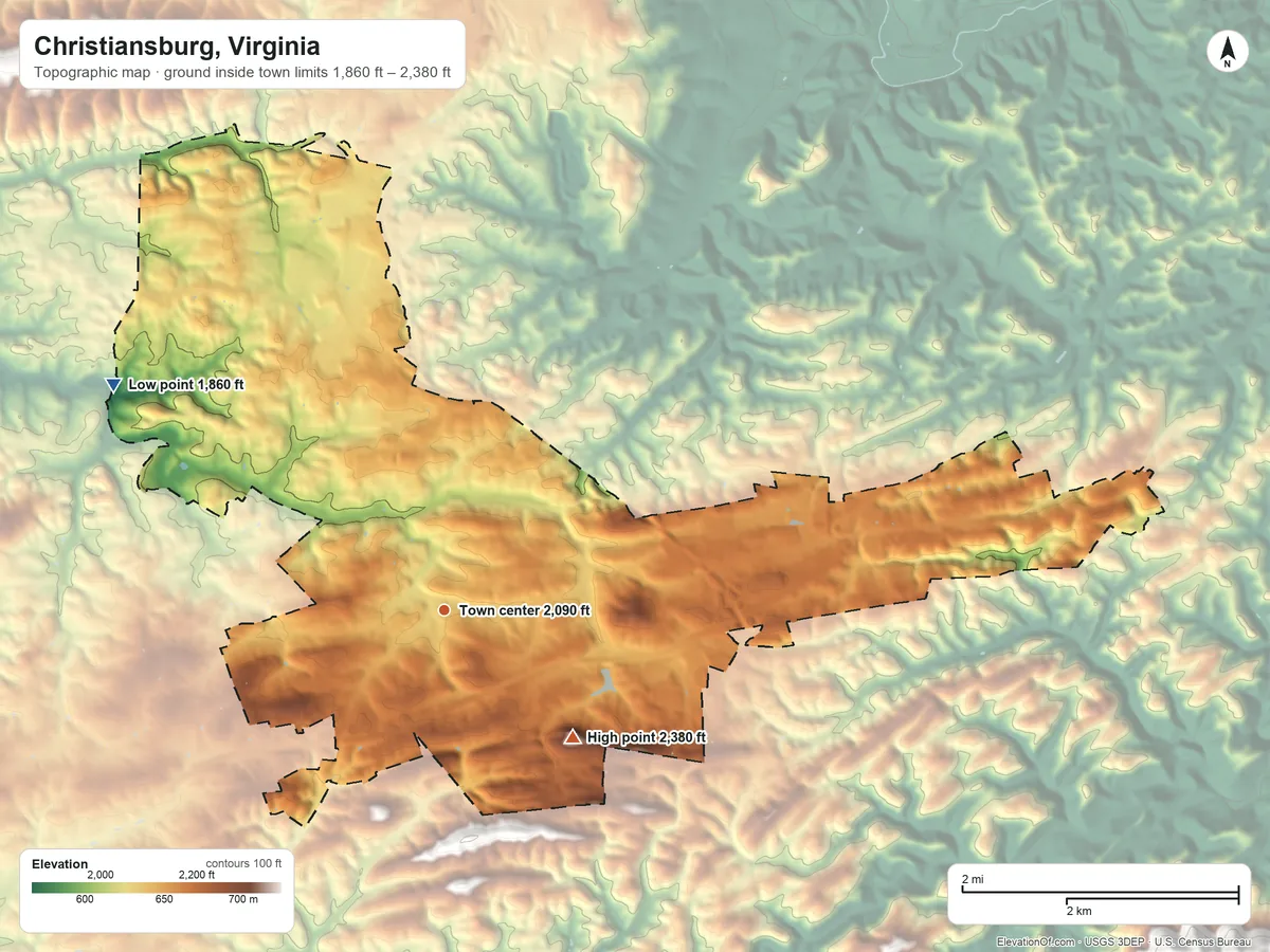 Topographic elevation map of Christiansburg, Virginia, shaded from 1,860 ft on the northwest side to 2,380 ft on the southeast side