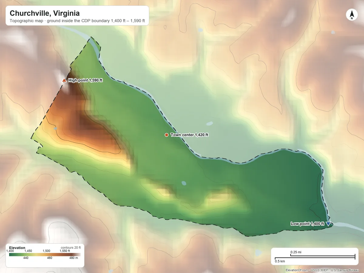 Topographic elevation map of Churchville, Virginia, shaded from 1,400 ft on the southeast side to 1,590 ft on the northwest side