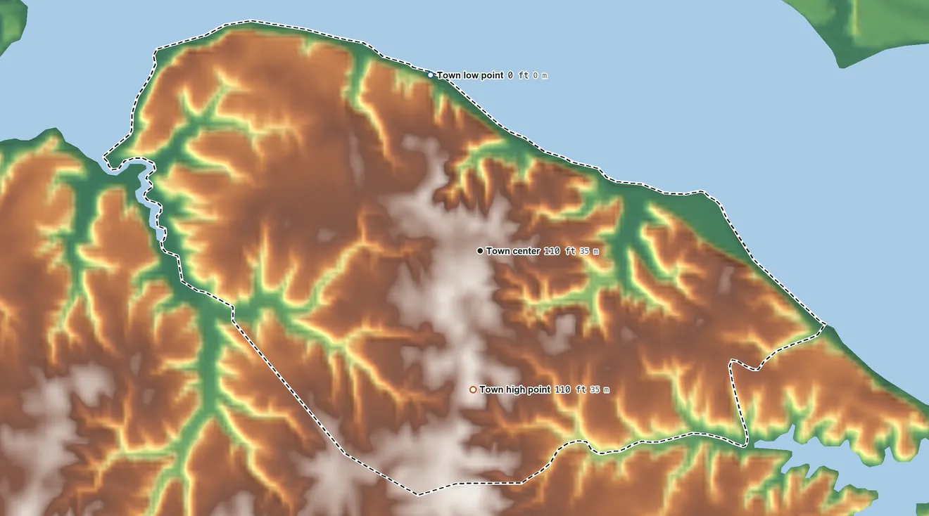 Topographic elevation map of Claremont, Virginia, shaded from 0 ft on the north side to 110 ft on the south side