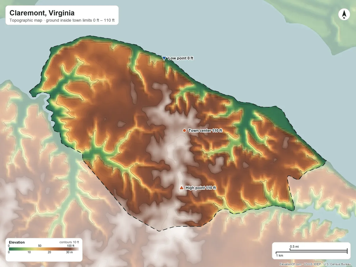 Topographic elevation map of Claremont, Virginia, shaded from 0 ft on the north side to 110 ft on the south side