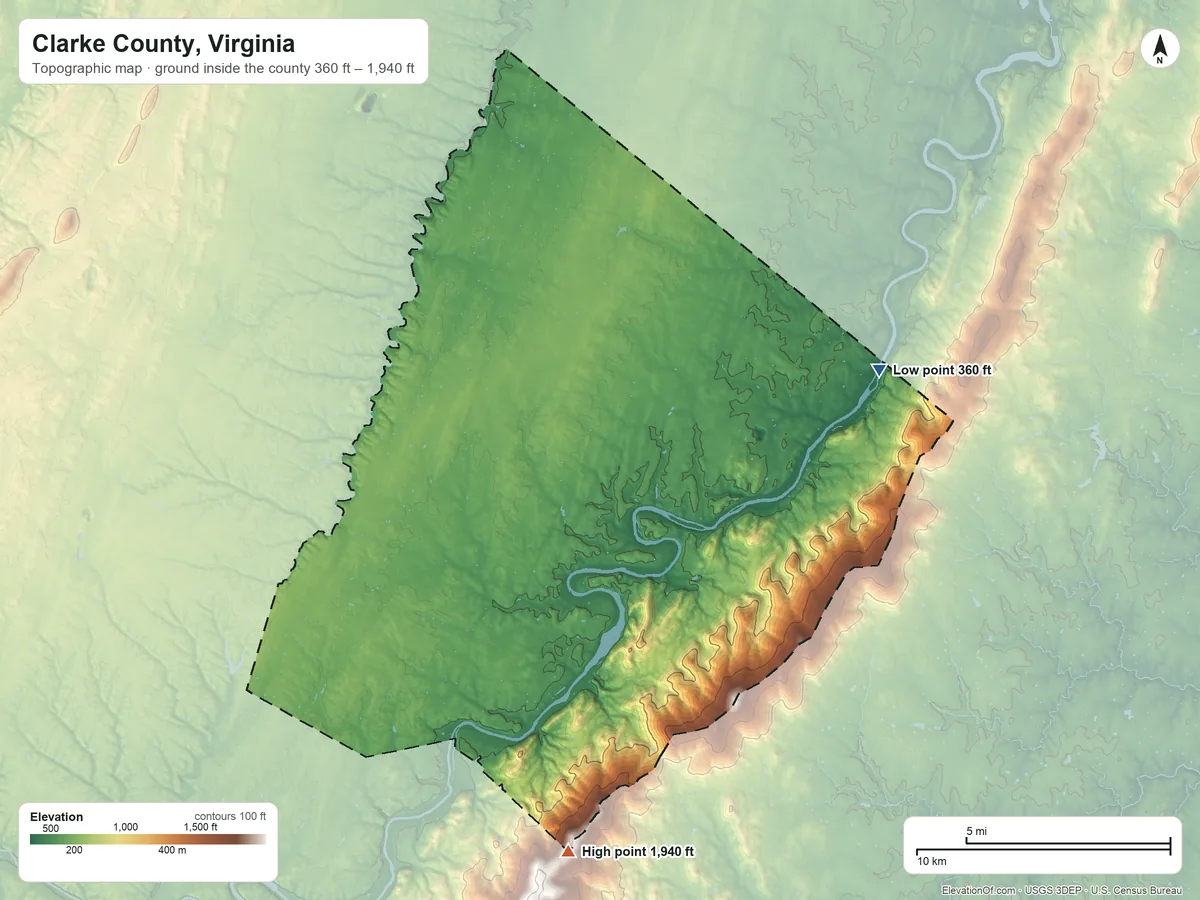 Topographic elevation map of Clarke County, Virginia, shaded from 360 ft on the east side to 1,940 ft on the south side