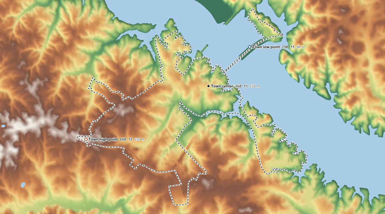 Topographic elevation map of Clarksville, Virginia, shaded from 290 ft on the northeast side to 440 ft on the southwest side