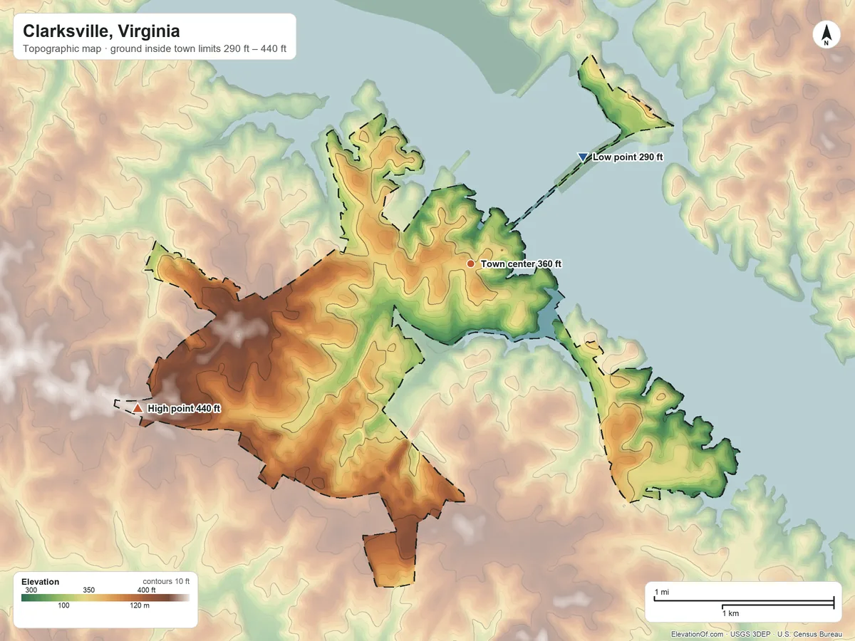 Topographic elevation map of Clarksville, Virginia, shaded from 290 ft on the northeast side to 440 ft on the southwest side