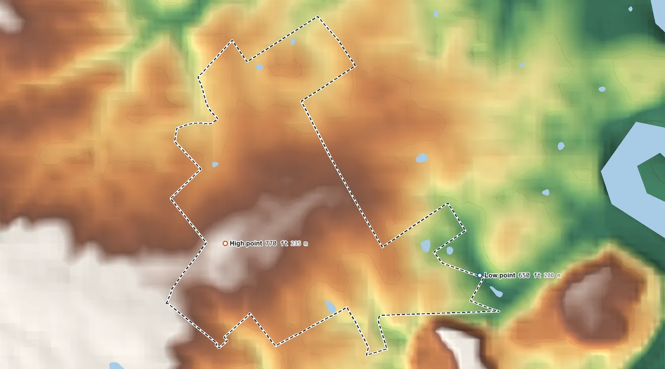 Topographic elevation map of Clary, Virginia, shaded from 650 ft on the east side to 770 ft near the middle