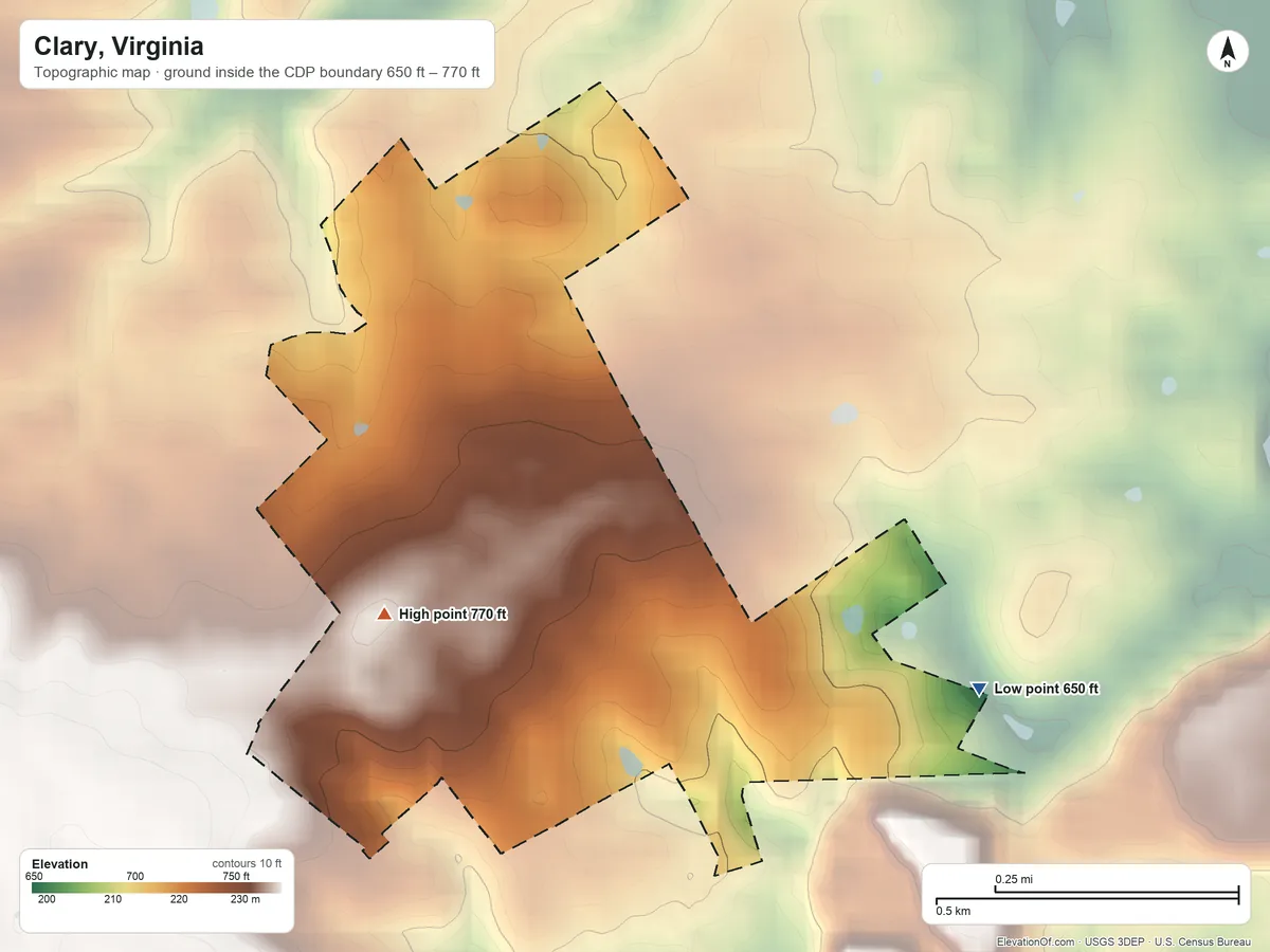 Topographic elevation map of Clary, Virginia, shaded from 650 ft on the east side to 770 ft near the middle