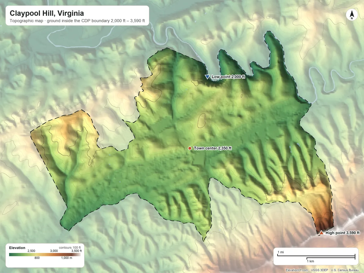 Topographic elevation map of Claypool Hill, Virginia, shaded from 2,000 ft on the north side to 3,590 ft on the southeast edge, below higher ground just outside