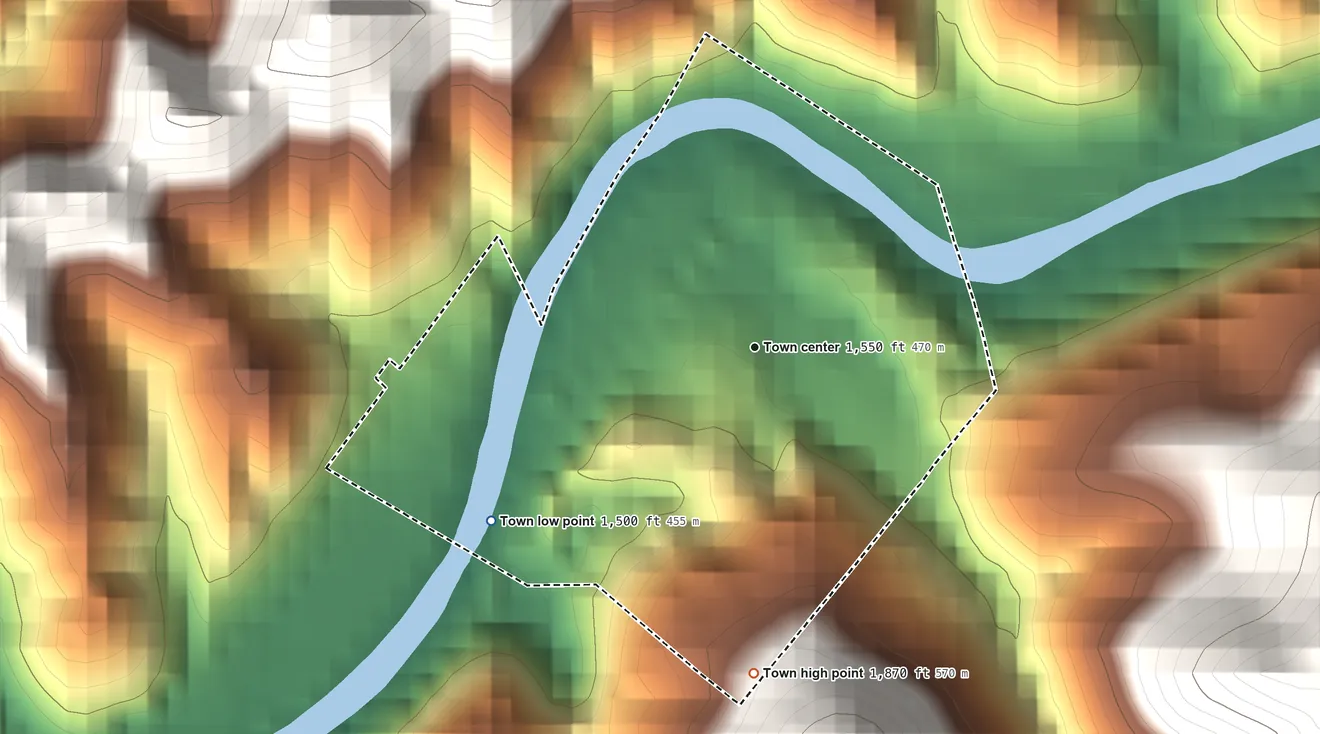 Topographic elevation map of Cleveland, Virginia, shaded from 1,500 ft on the southwest side to 1,870 ft on the south edge, below higher ground just outside