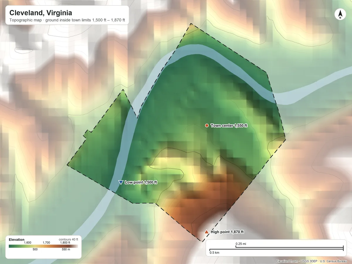 Topographic elevation map of Cleveland, Virginia, shaded from 1,500 ft on the southwest side to 1,870 ft on the south edge, below higher ground just outside