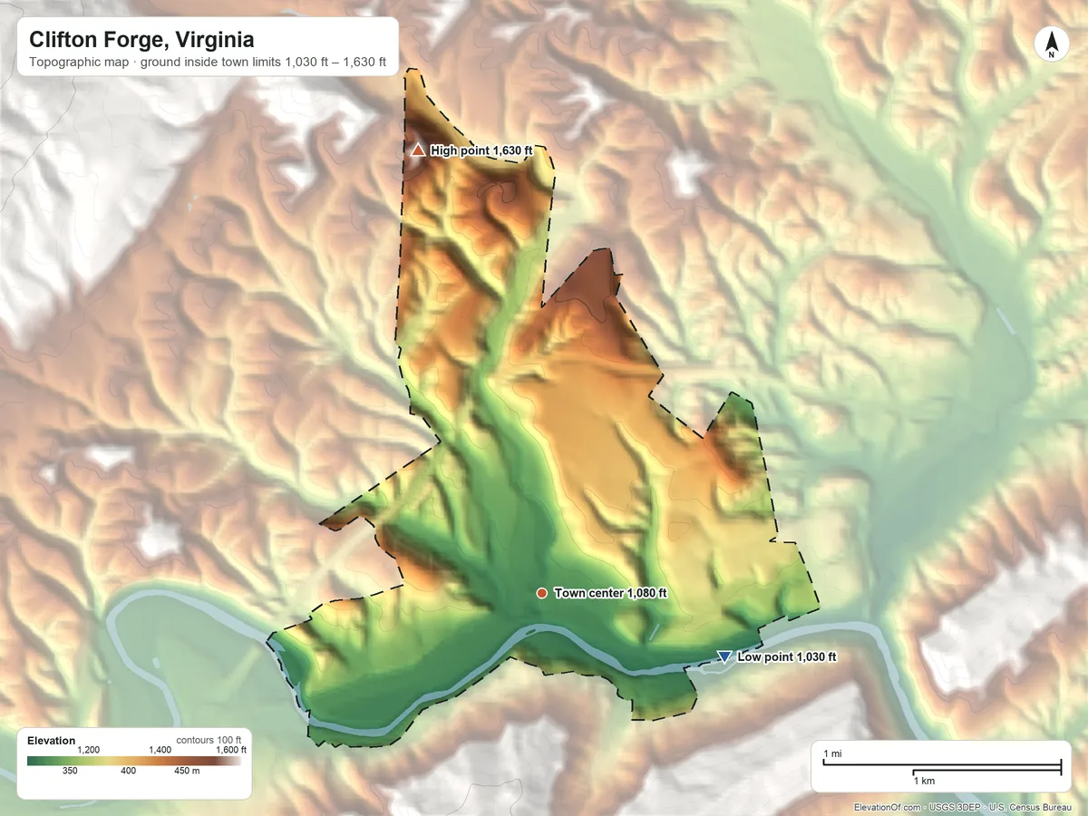 Topographic elevation map of Clifton Forge, Virginia, shaded from 1,030 ft on the east side to 1,630 ft at the foot of the Little Mountain
