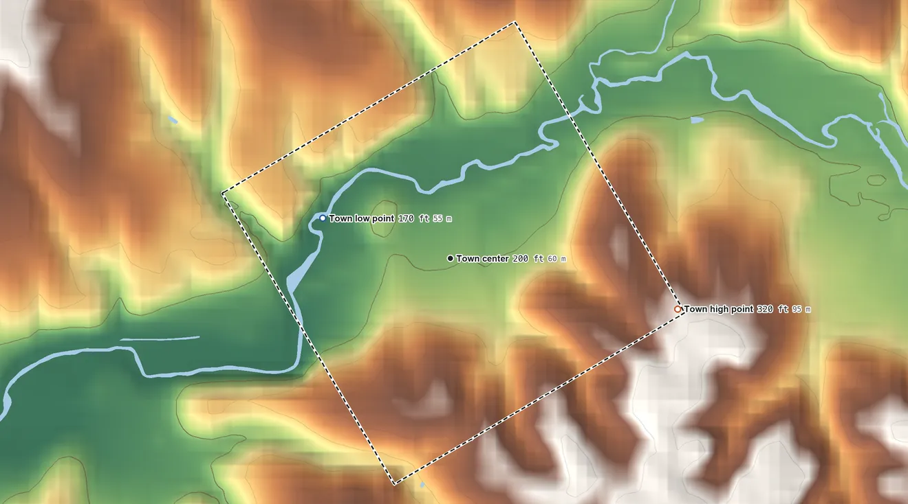 Topographic elevation map of Clifton, Virginia, shaded from 170 ft on the west side to 320 ft on the east side