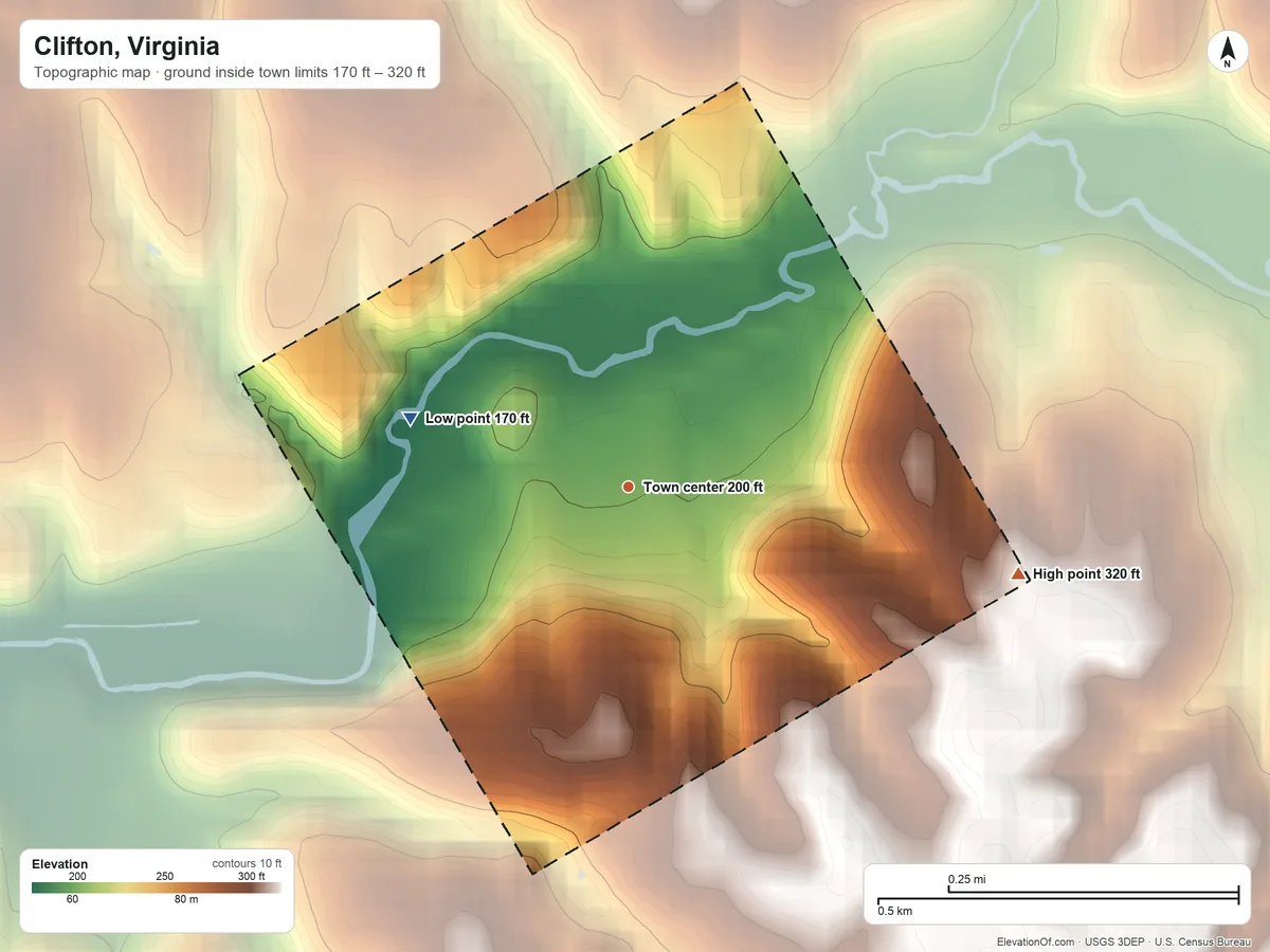 Topographic elevation map of Clifton, Virginia, shaded from 170 ft on the west side to 320 ft on the east side