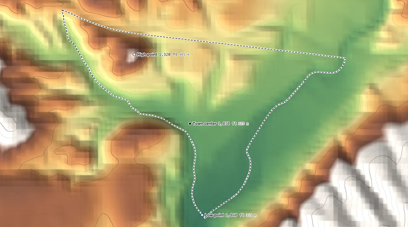 Topographic elevation map of Cliftondale Park, Virginia, shaded from 1,040 ft on the south side to 1,320 ft at the foot of the Little Mountain