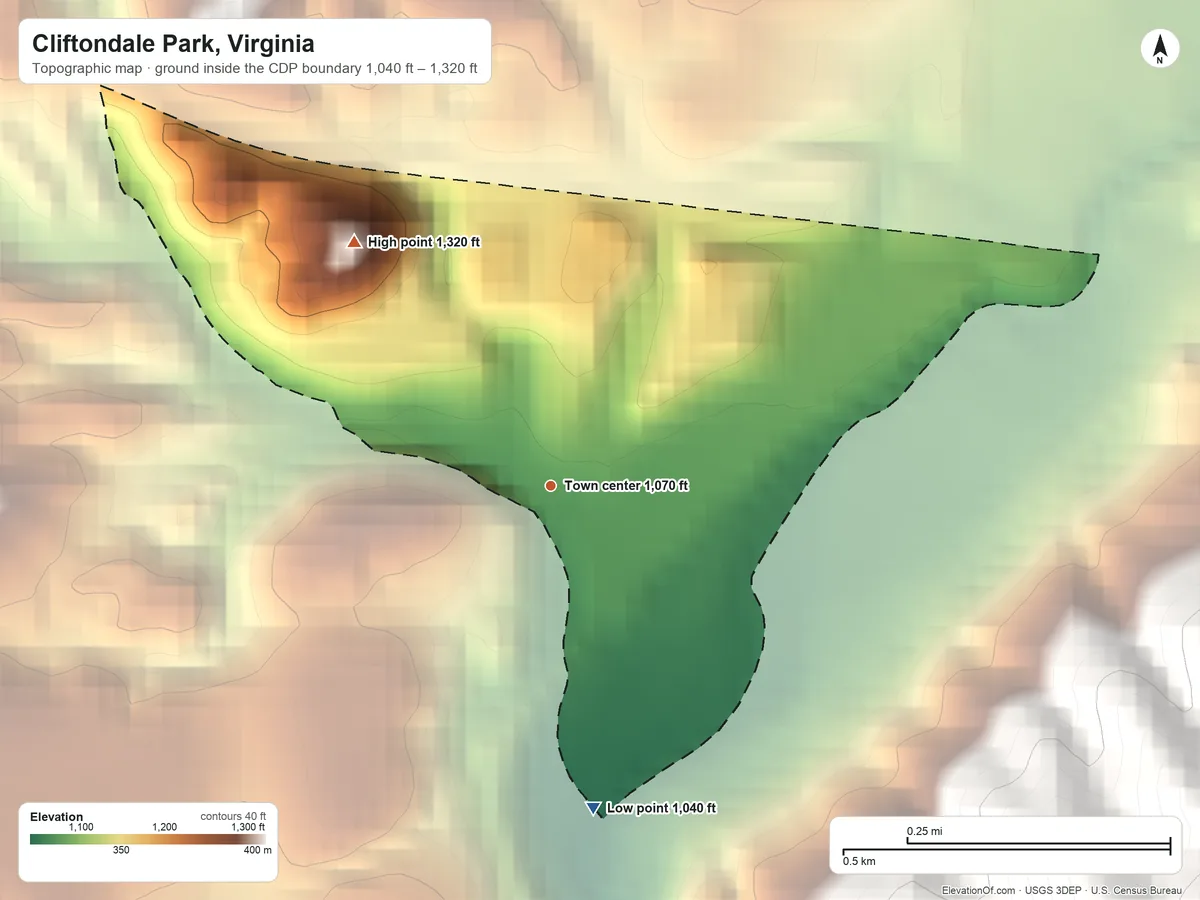 Topographic elevation map of Cliftondale Park, Virginia, shaded from 1,040 ft on the south side to 1,320 ft at the foot of the Little Mountain