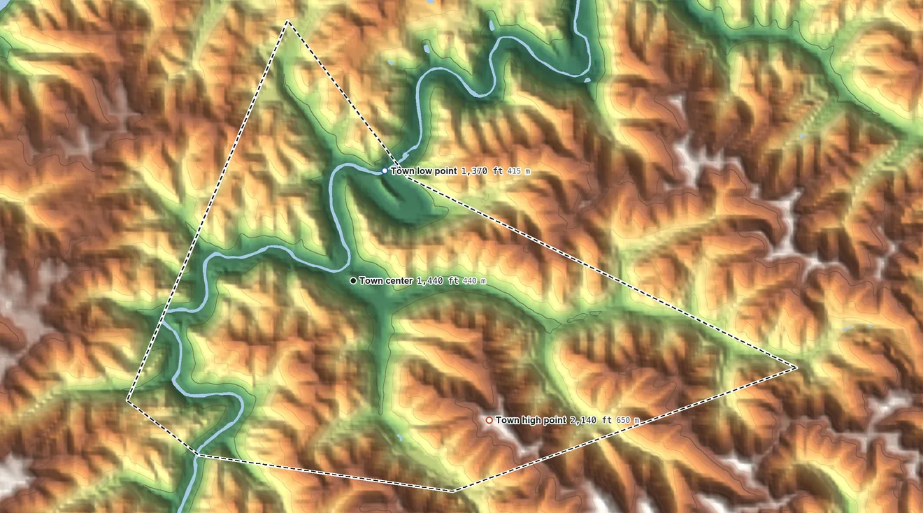 Topographic elevation map of Clinchco, Virginia, shaded from 1,370 ft on the north side to 2,140 ft on the southeast side