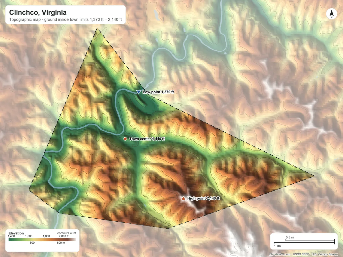 Topographic elevation map of Clinchco, Virginia, shaded from 1,370 ft on the north side to 2,140 ft on the southeast side