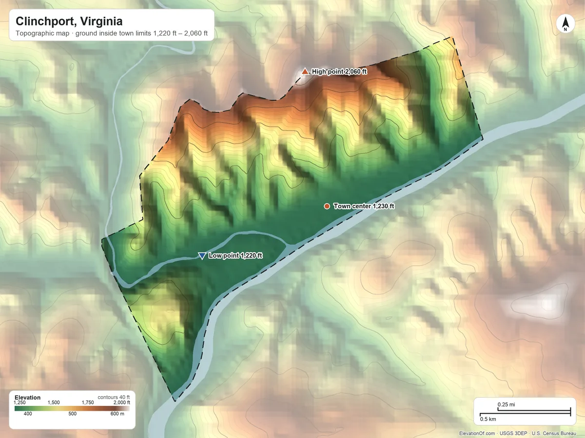 Topographic elevation map of Clinchport, Virginia, shaded from 1,220 ft on the west side to 2,060 ft on the north side