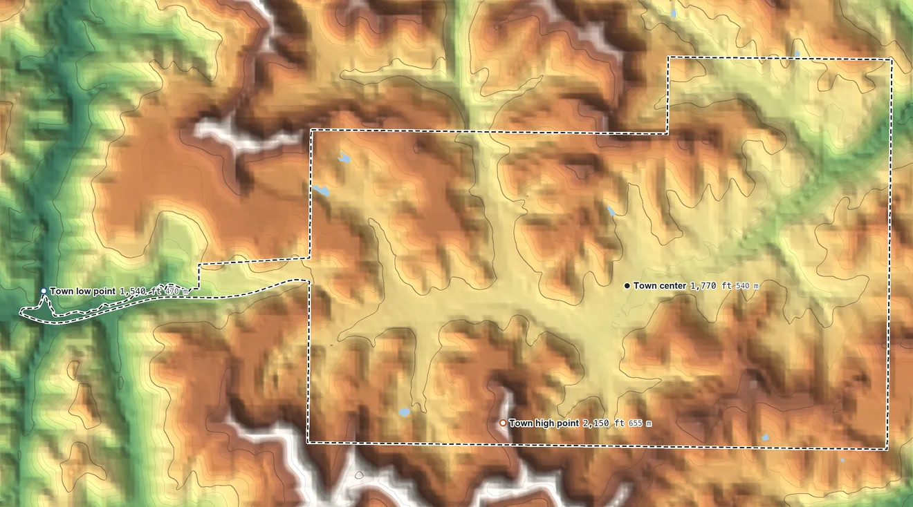 Topographic elevation map of Clintwood, Virginia, shaded from 1,540 ft on the west side to 2,150 ft on the southwest side
